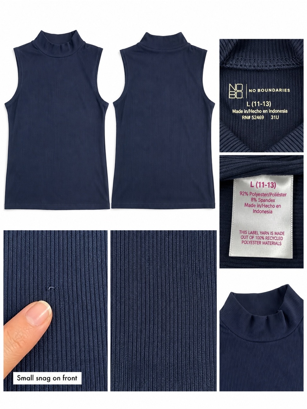 No Boundaries Women’s L 11-13 Navy Blue Ribbed Mock Neck Sleeveless Top